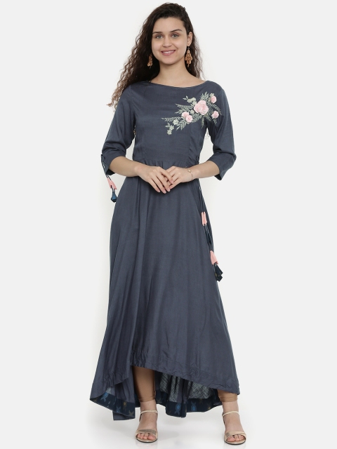 

Neerus Women Charcoal Grey Solid A-Line Kurta With Embroidered Detailing