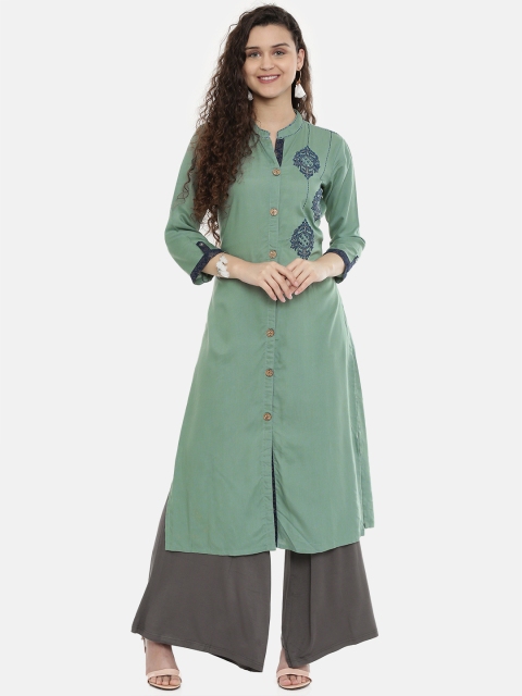 

Neerus Women Sea Green Solid A-Line Kurta with Embroidered Details