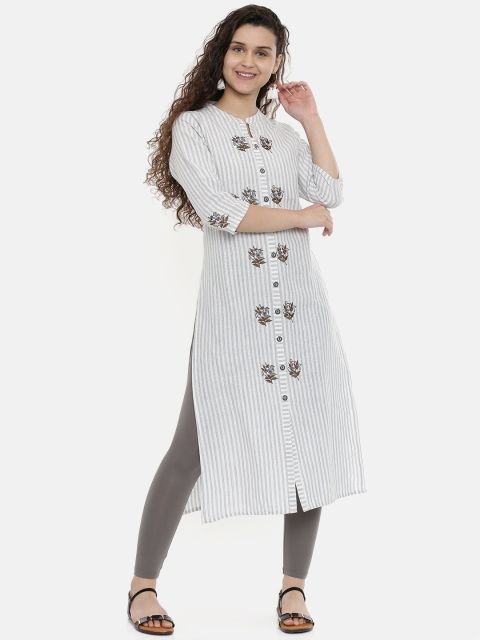 

Neerus Women Grey & White Striped A-Line Kurta With Embroidery Detail