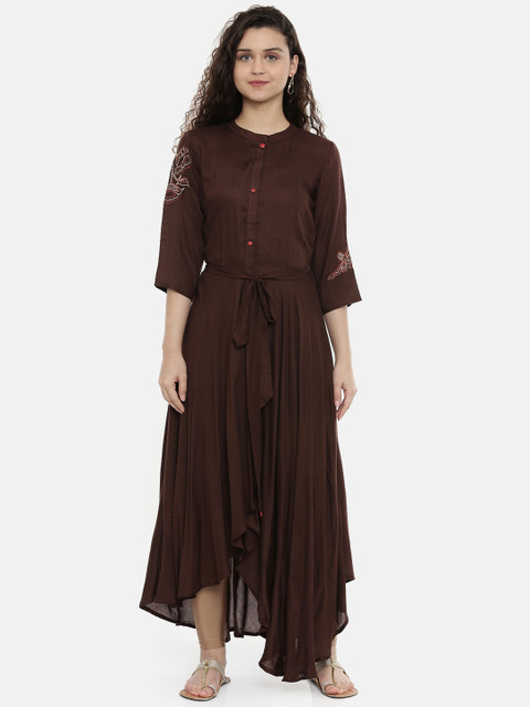 

Neerus Women Brown Solid Asymmetric A-Line Kurta With Embroidered Detail