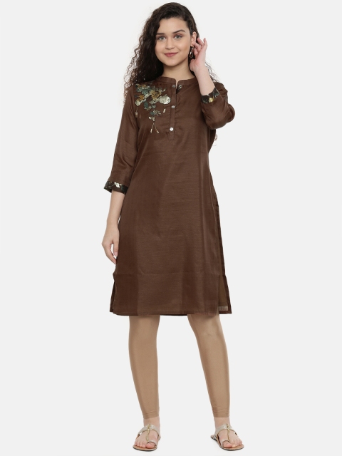 

Neerus Women Brown Solid A-Line Kurta with Applique Detail
