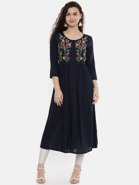 

Neerus Women Navy Blue Floral Embroidered A-Line Kurta