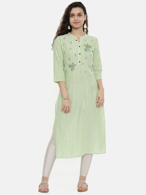 

Neerus Women Green & Off-White Striped Straight Kurta With Embroidered Detail