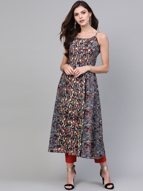 

Pannkh Women Navy Blue & Beige Printed A-Line Kurta