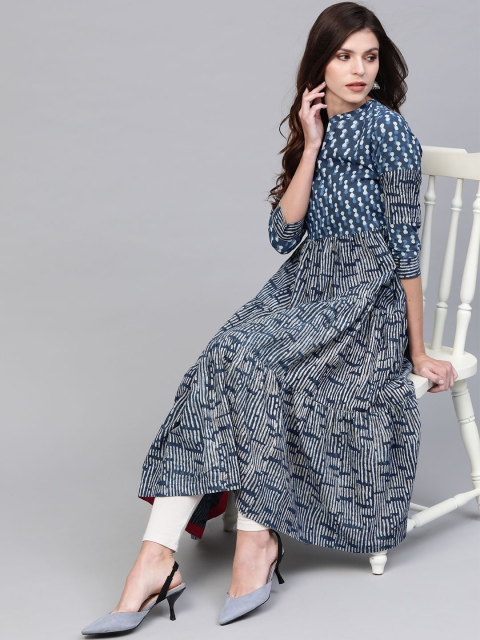 

Pannkh Women Navy Blue & Off-White Printed A-Line Kurta