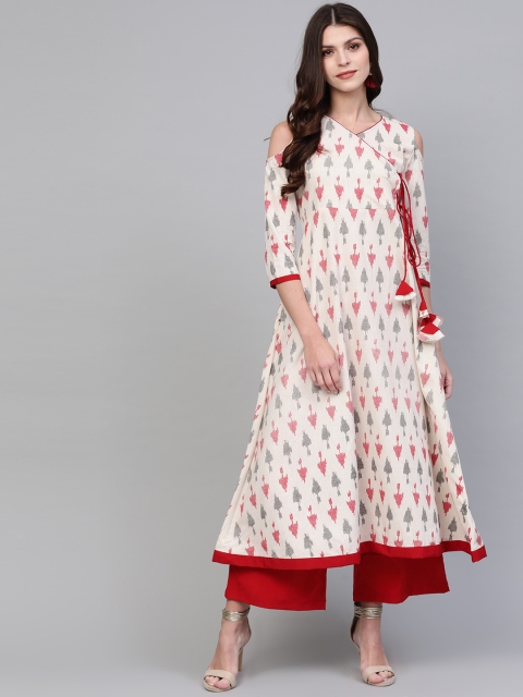 

Pannkh Women Beige & Red Printed Angrakha Kurta with Palazzos