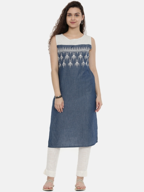 

Neerus Women Blue & White Embroidered Yoke Design Straight Chambray Kurta