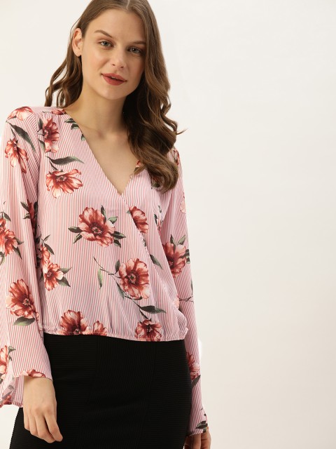 

FOREVER 21 Women Pink & White Printed Wrap Top