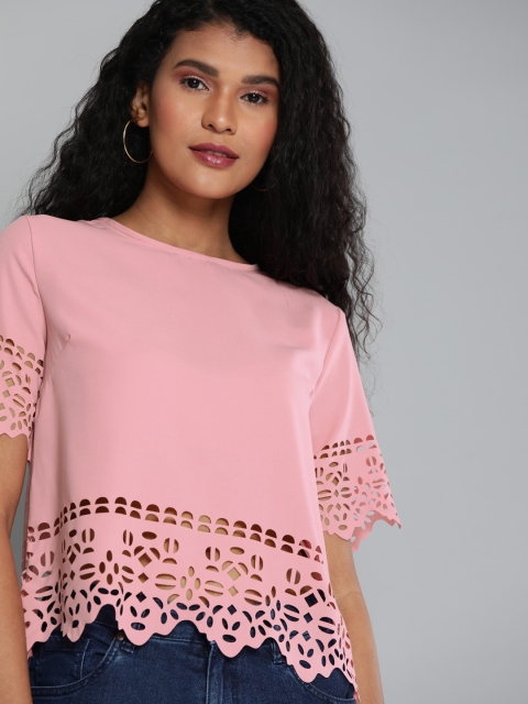 

HERE&NOW Women Pink Solid Top With Cut Out Detailing