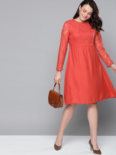 

HERE&NOW Women Red Solid Lace Inserts Fit and Flare Dress