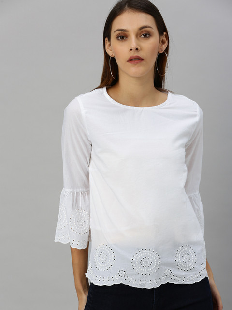 

HERE&NOW Women White Solid Schiffli Embroidery Regular Pure Cotton Top
