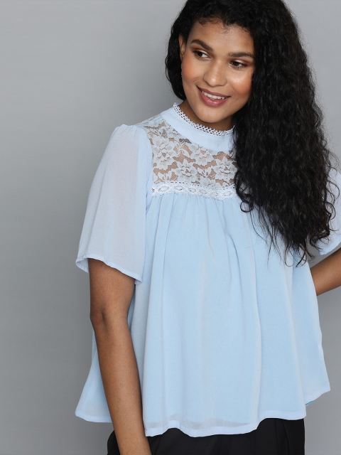 

HERE&NOW Women Blue Solid A-Line Semi-Sheer Top with Lace Inserts