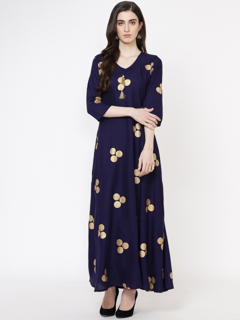 

Fabriko Women Navy Blue & Golden Printed A-Line Kurta