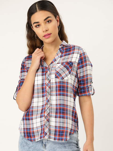 

Style Quotient Women Blue & White Twill Weave Regular Fit Checked Casual Shirt