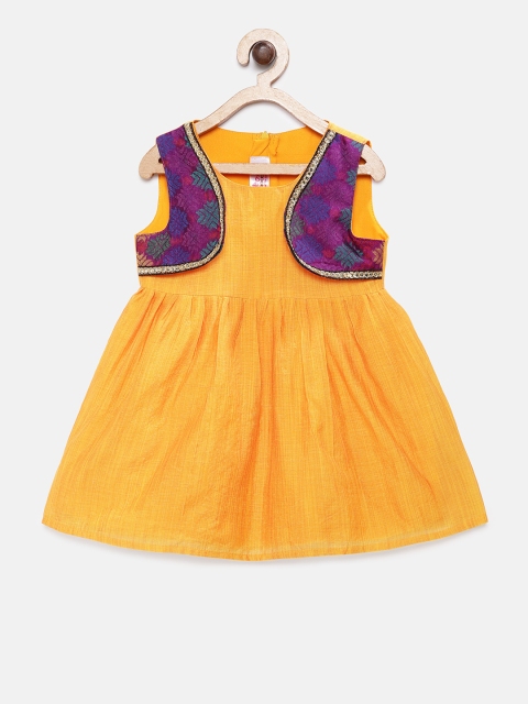 

MANY FROCKS & Girls Mustard Yellow & Purple Solid Fit and Flare Ethnic Dress