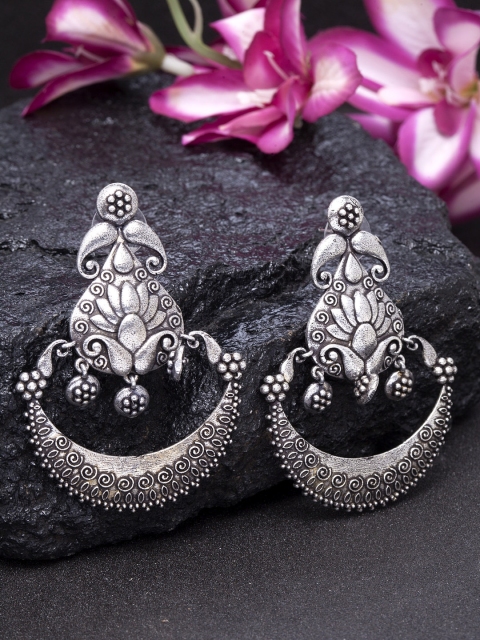 

Infuzze Silver-Toned Crescent Shaped Brass-Plated Oxidized Drop Earrings