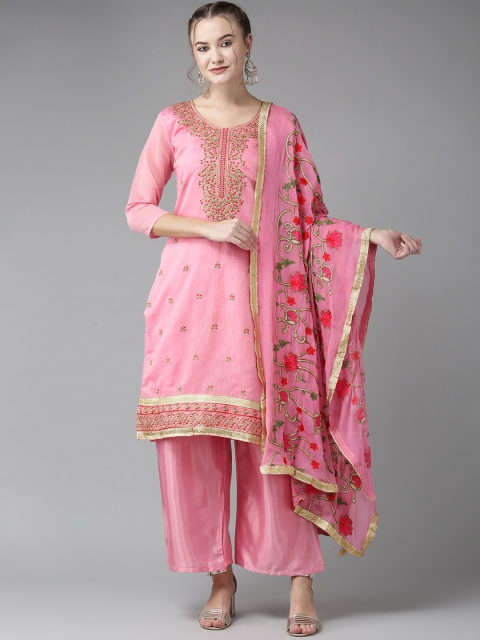 

Ishin Women Pink & Golden Embroidered Kurta with Palazzos & Dupatta