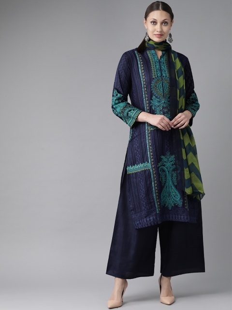 

Ishin Women Navy Blue & Green Embroidered Kurta with Palazzos & Dupatta