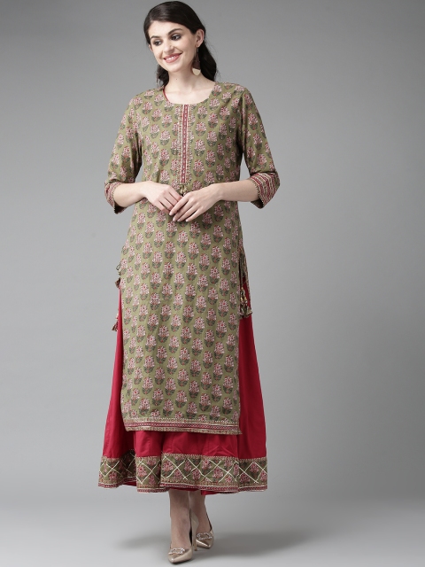 

Ishin Women Olive Green & Red Printed Layered Maxi Dress