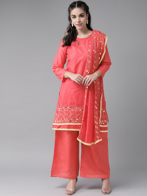 

Ishin Women Coral Pink & Golden Striped Kurta with Palazzos & Dupatta