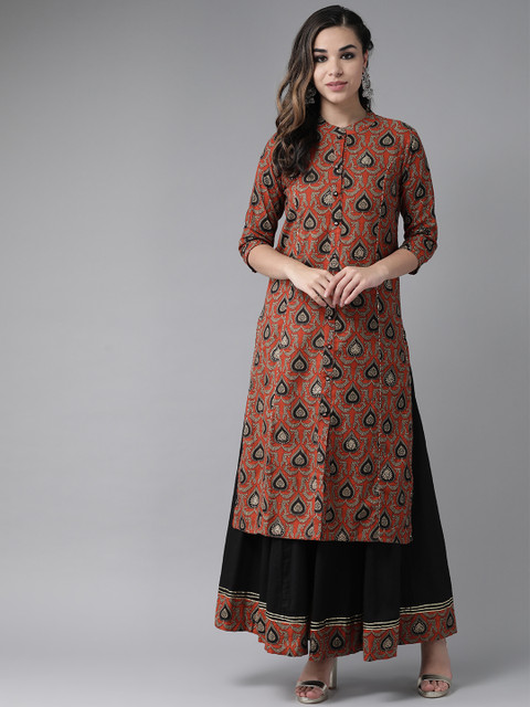 

Ishin Women Rust Orange & Black Foil Print Kurta with Palazzos