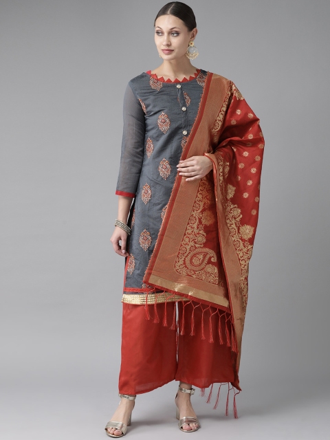 

Ishin Women Grey & Rust Red Embroidered Kurta with Palazzos & Dupatta
