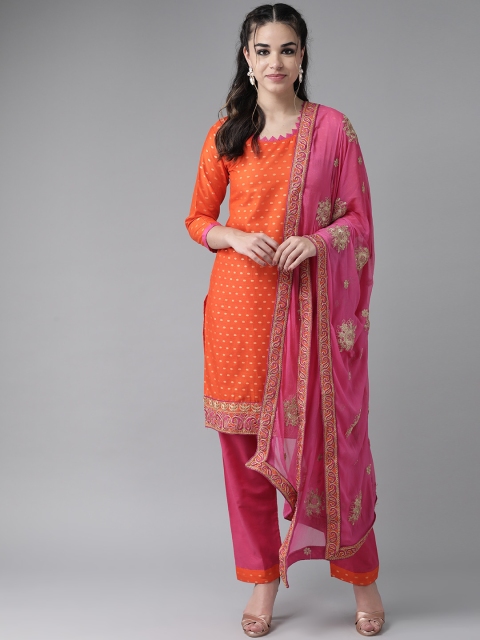 

Ishin Women Orange & Pink Self Design Kurta with Trousers & Dupatta