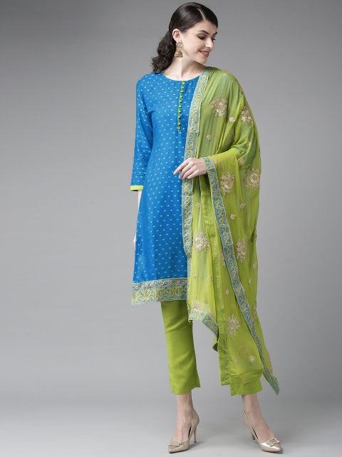 

Ishin Women Blue & Green Woven Design Kurta with Trousers & Dupatta