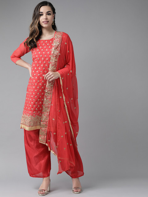 

Ishin Women Red & Golden Embroidered Kurta with Palazzos & Dupatta