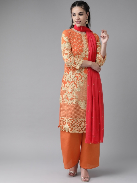 

Ishin Women Orange & Golden Embroidered Kurta with Palazzos & Dupatta