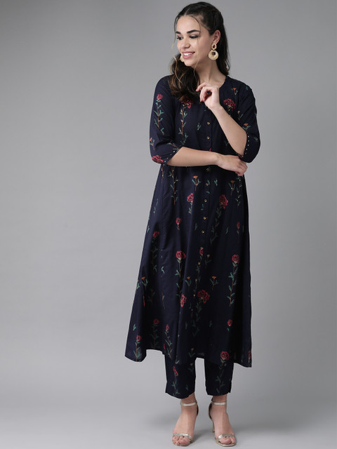 

Ishin Women Navy Blue & Pink Block Printed Kurta with Trousers