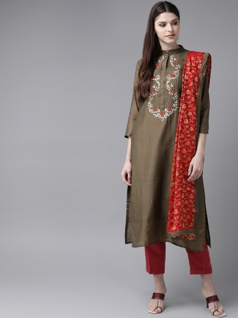 

Ishin Women Olive Brown & Golden Yoke Design Straight Kurta with Dupatta