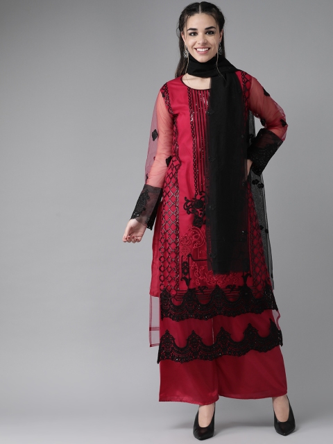 

Ishin Women Magenta & Black Embroidered Kurta with Palazzos & Dupatta