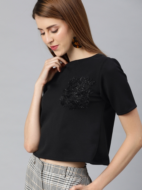 

EMBLAZE Women Black Solid Regular Crop Top with Pocket Detailing
