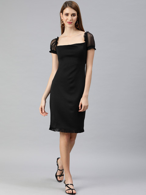 

EMBLAZE Women Black Solid Sheath Dress With Pleated Detailing
