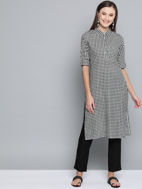 

HERE&NOW Women White & Black Checked Kurta with Trousers