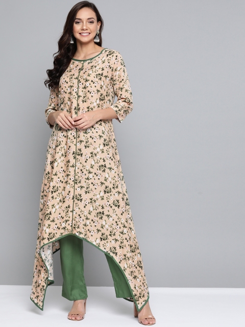 

HERE&NOW Women Beige & Green Floral Print Kurta with Trousers