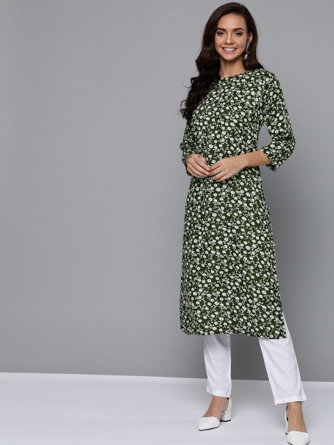 

HERE&NOW Women Green & White Printed Kurta with Trousers