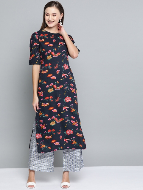 

HERE&NOW Women Navy Blue & White Printed Kurta with Palazzos