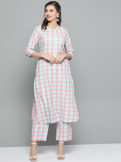 

HERE&NOW Women Blue & Peach-Coloured Checked Kurta with Palazzos