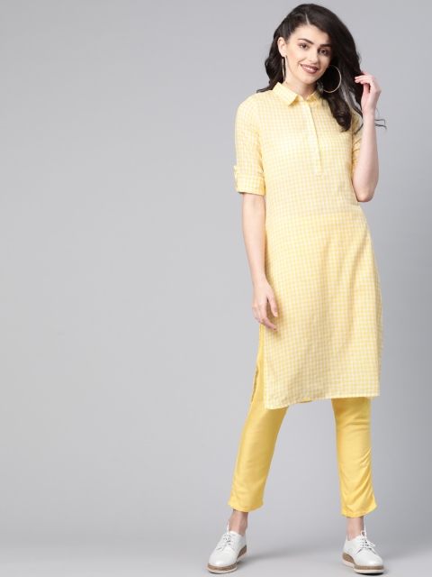 

HERE&NOW Women Yellow & White Checked Pathani Kurta with Cropped Trousers