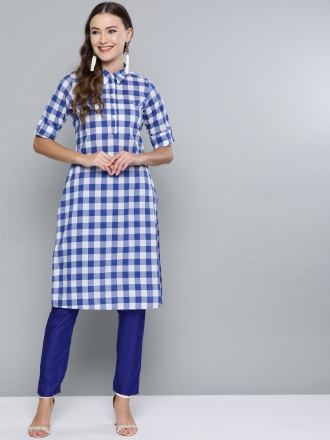 

HERE&NOW Women Blue & White Checked Kurta with Trousers