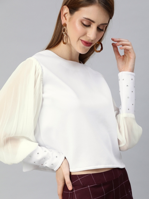 

EMBLAZE Women White Solid Regular Crop Top