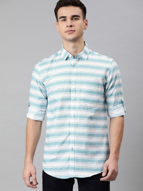 

IVOC Men White & Turquoise Blue Slim Fit Striped Casual Shirt