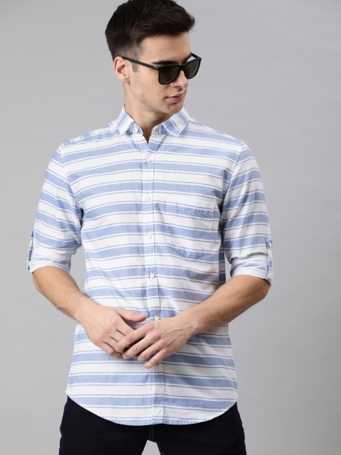 

IVOC Men White & Blue Slim Fit Striped Casual Shirt