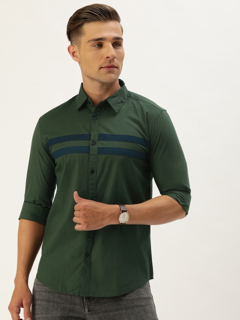 

IVOC Men Olive Green & Blue Slim Fit Striped Casual Shirt