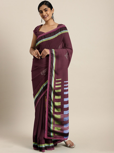 

Triveni Burgundy & Green Embellished Poly Chiffon Saree