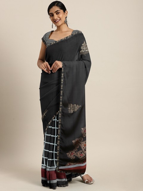 

Triveni Black & White Poly Chiffon Checked Saree