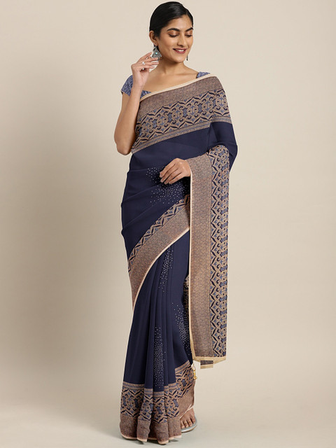 

Triveni Navy Blue & Beige Poly Georgette Printed Saree