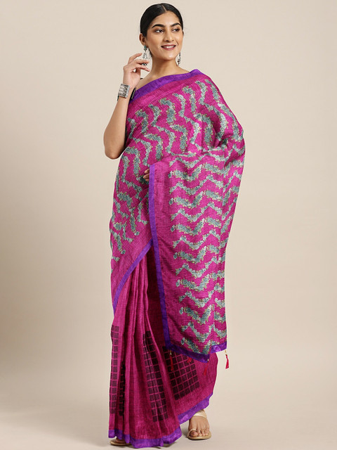 

Triveni Pink & Blue Cotton Blend Printed Saree